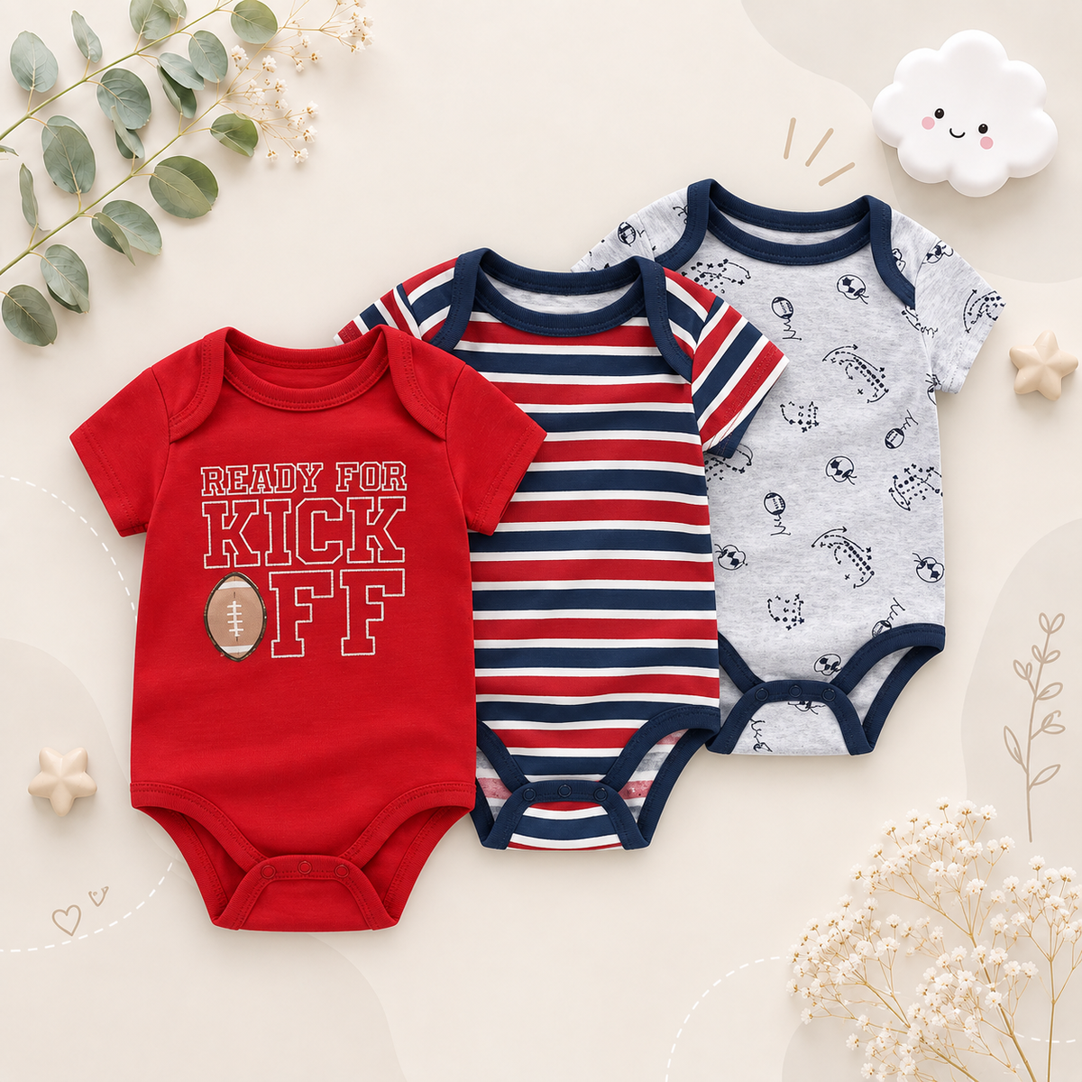 The Amani - Unisex Baby 3PCS Cartoon Cotton Short Sleeve Bodysuit Set Summer Outfit for Newborns