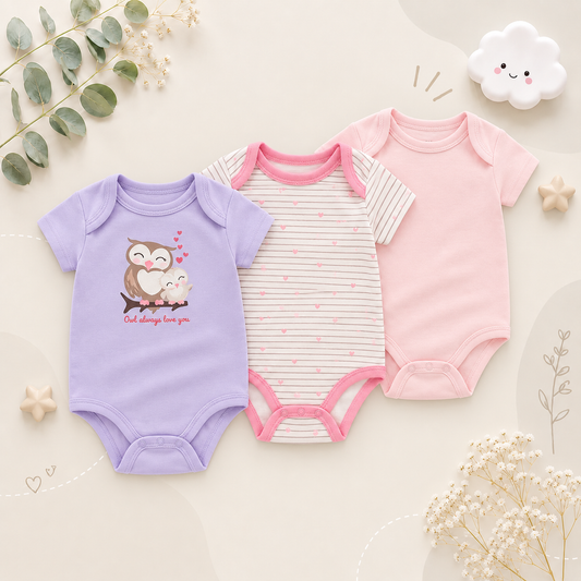 The Amani - Unisex Baby 3PCS Cartoon Cotton Short Sleeve Bodysuit Set Summer Outfit for Newborns