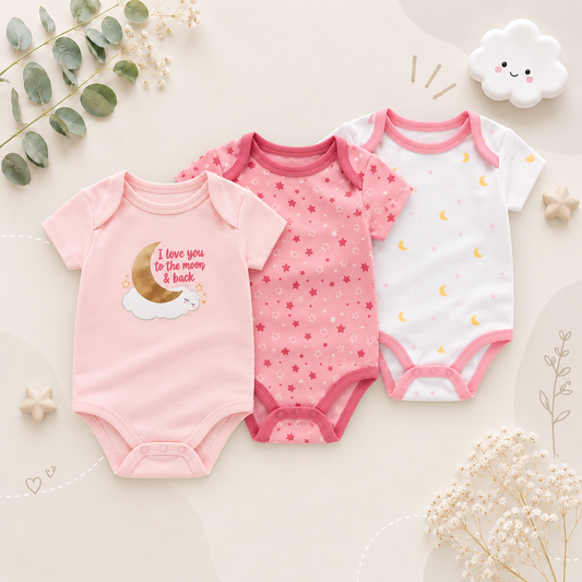 The Amani - Unisex Baby 3PCS Cartoon Cotton Short Sleeve Bodysuit Set Summer Outfit for Newborns