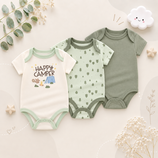 The Amani - Unisex Baby 3PCS Cartoon Cotton Short Sleeve Bodysuit Set Summer Outfit for Newborns