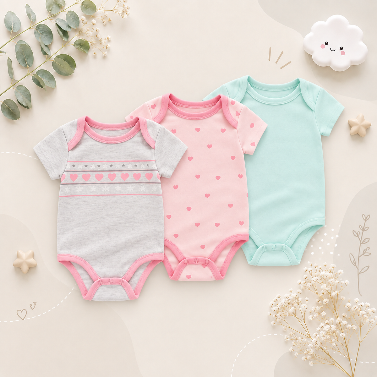 The Amani - Unisex Baby 3PCS Cartoon Cotton Short Sleeve Bodysuit Set Summer Outfit for Newborns