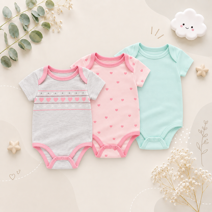 The Amani - Unisex Baby 3PCS Cartoon Cotton Short Sleeve Bodysuit Set Summer Outfit for Newborns