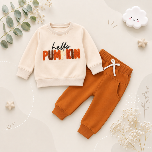 The Myla - Baby "Hello Pumpkin" Letters Printed Embroidery Long-Sleeved T-Shirt + Bell-Bottom Pants