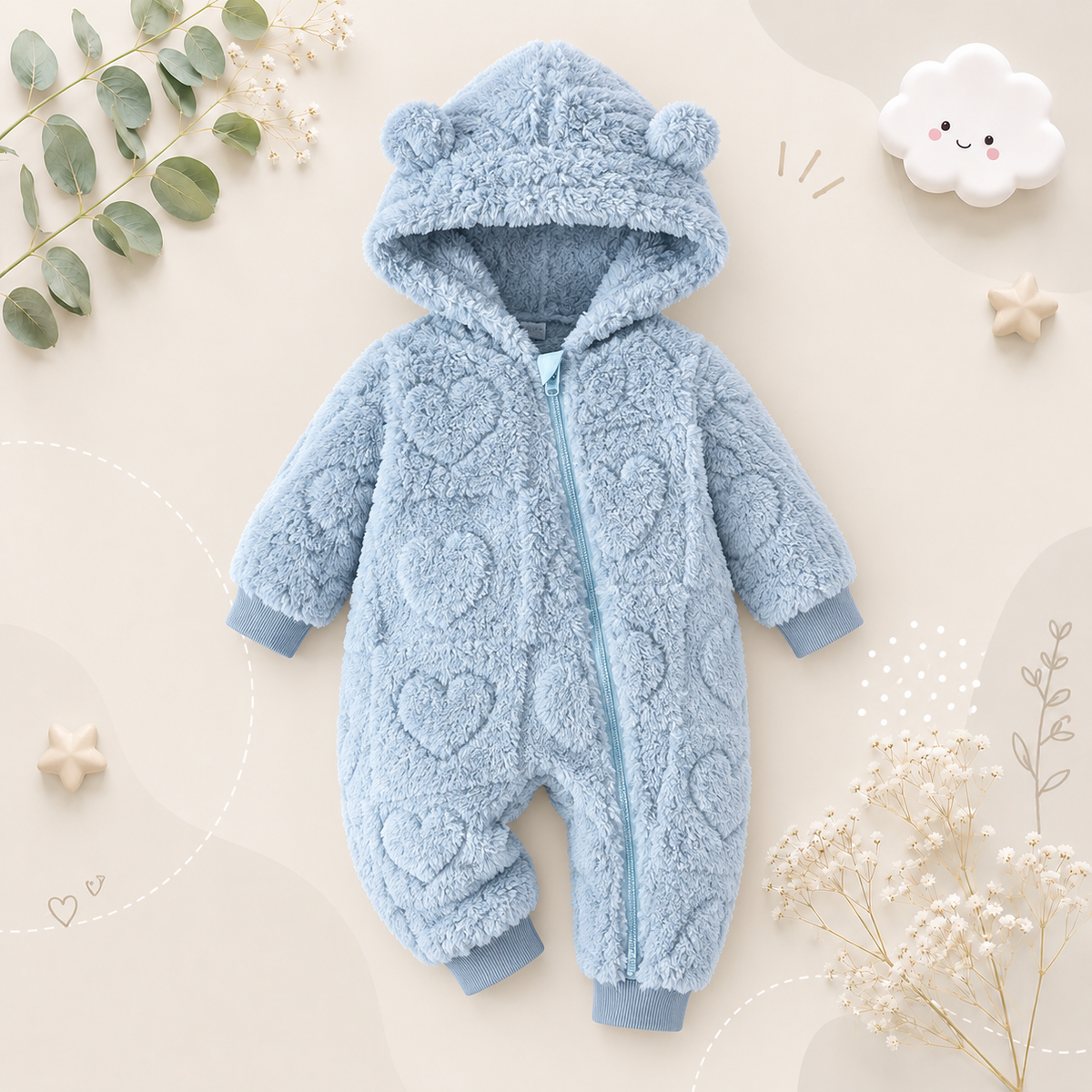 The Moises - Baby Unisex Newborn Winter Plush Romper – Solid Color Hooded Long‑Sleeve Zip‑Up Jumpsuit for Infants & Toddlers