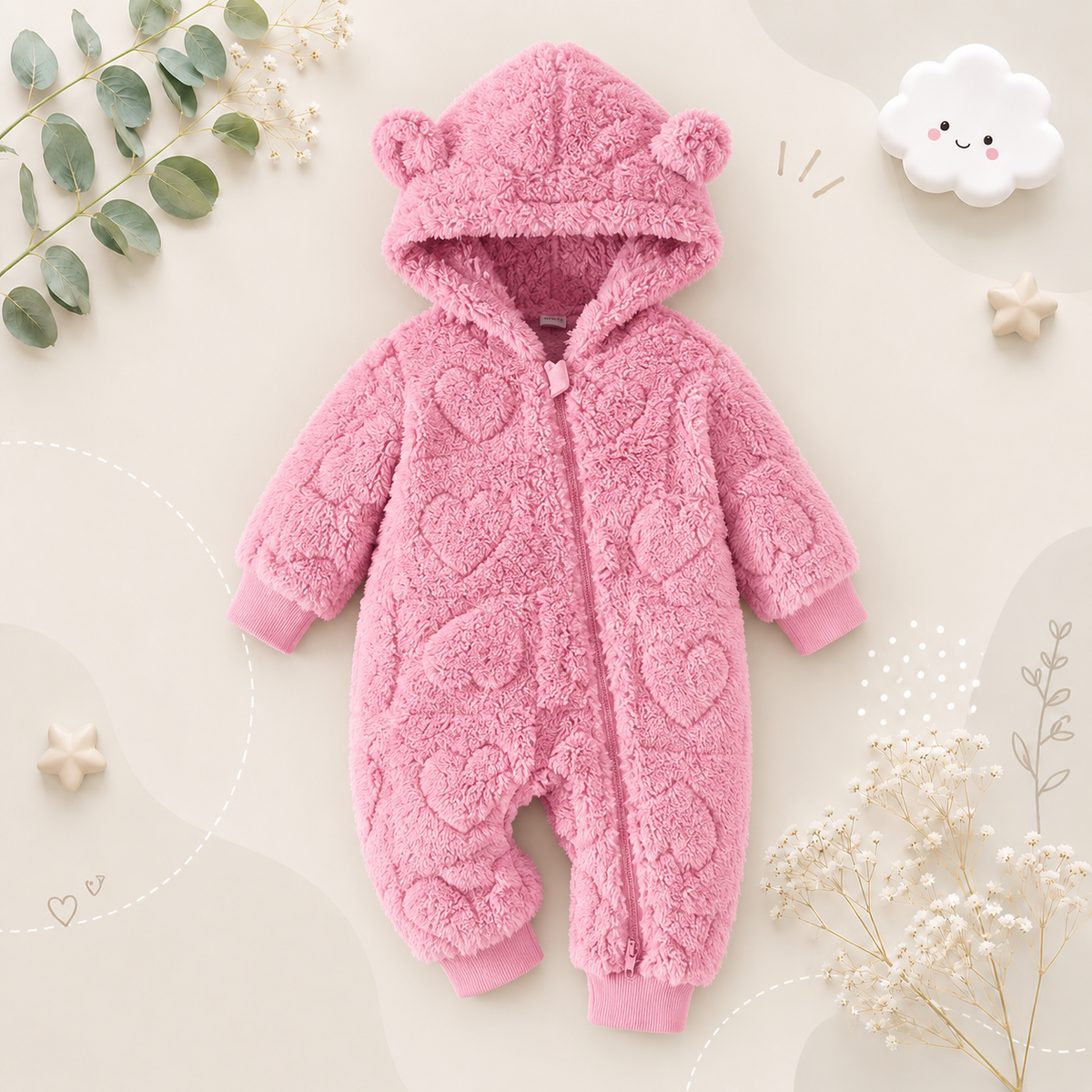 The Moises - Baby Unisex Newborn Winter Plush Romper – Solid Color Hooded Long‑Sleeve Zip‑Up Jumpsuit for Infants & Toddlers