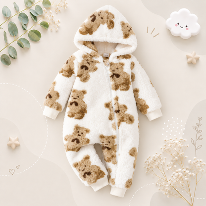 The Rayan - Baby Unisex Winter Plush Jumpsuit – Cartoon Bear Pattern, Hooded Long‑Sleeve Slanted‑Zip Romper