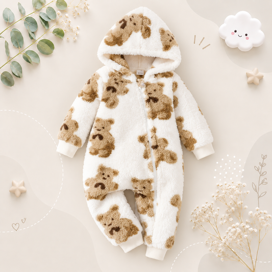 The Rayan - Baby Unisex Winter Plush Jumpsuit – Cartoon Bear Pattern, Hooded Long‑Sleeve Slanted‑Zip Romper