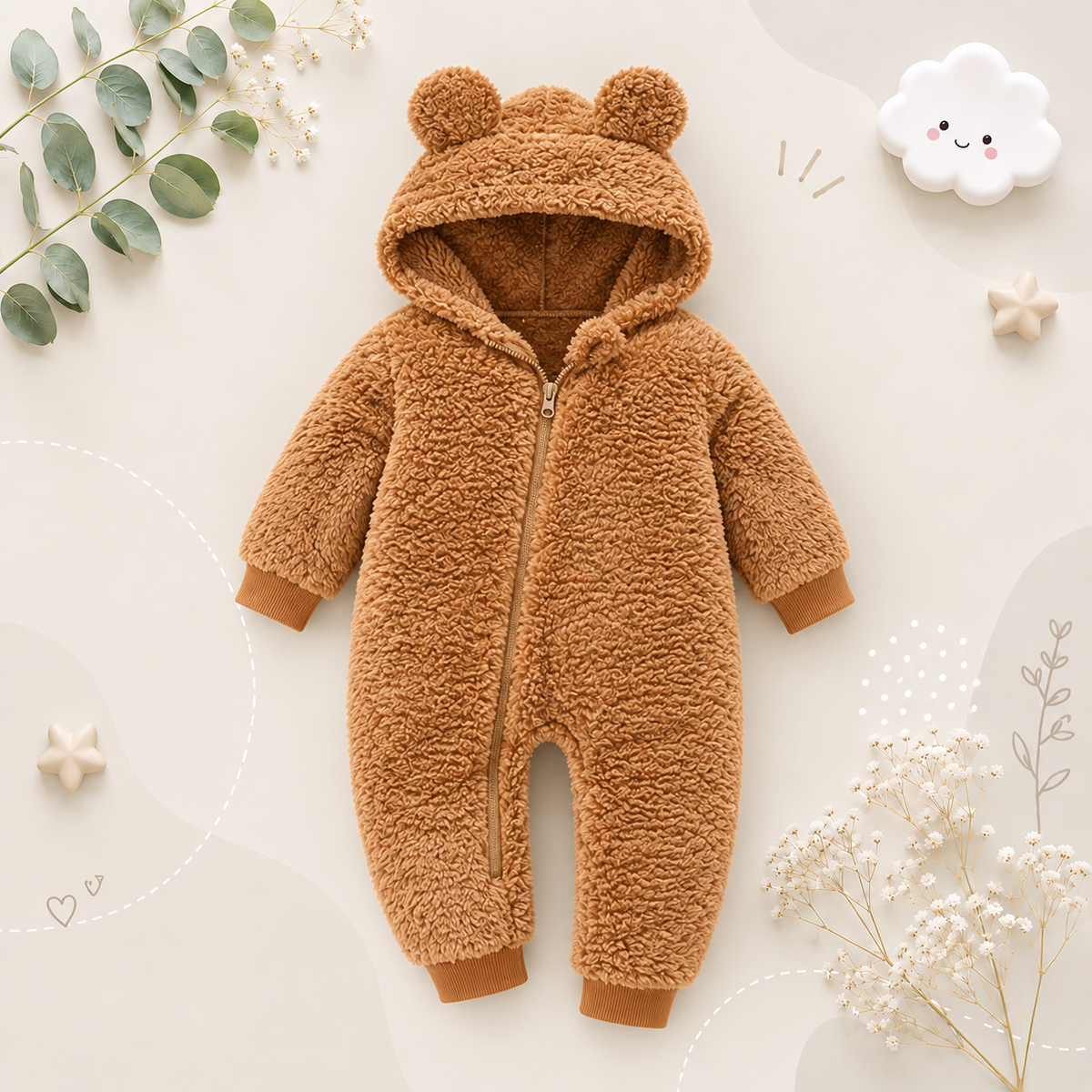 The Vin - Baby Unisex Light Brown Spring/Autumn Plush Romper – Hooded Warm Bear Jumpsuit for Infants & Toddlers