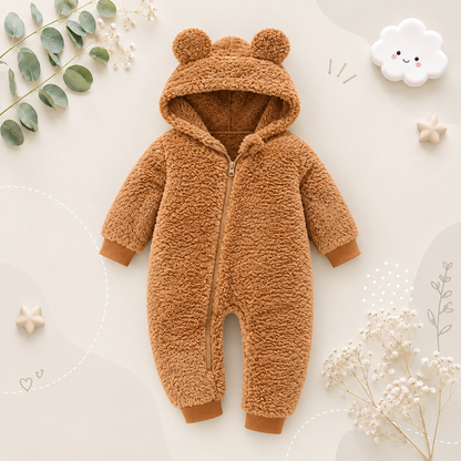 The Vin - Baby Unisex Light Brown Spring/Autumn Plush Romper – Hooded Warm Bear Jumpsuit for Infants & Toddlers