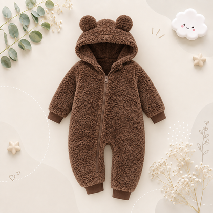 The Vin - Baby Unisex Chocolate Brown Spring/Autumn Plush Romper – Hooded Warm Bear Jumpsuit for Infants & Toddlers