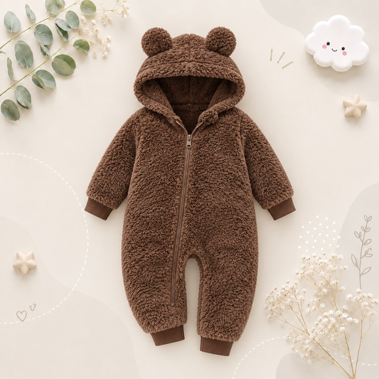 The Vin - Baby Unisex Chocolate Brown Spring/Autumn Plush Romper – Hooded Warm Bear Jumpsuit for Infants & Toddlers