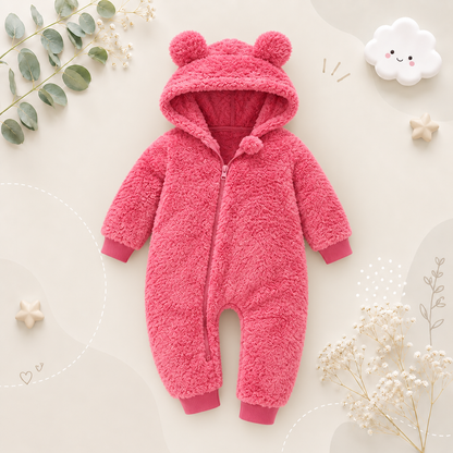 The Vin - Baby Unisex Dark Pink Spring/Autumn Plush Romper – Hooded Warm Bear Jumpsuit for Infants & Toddlers