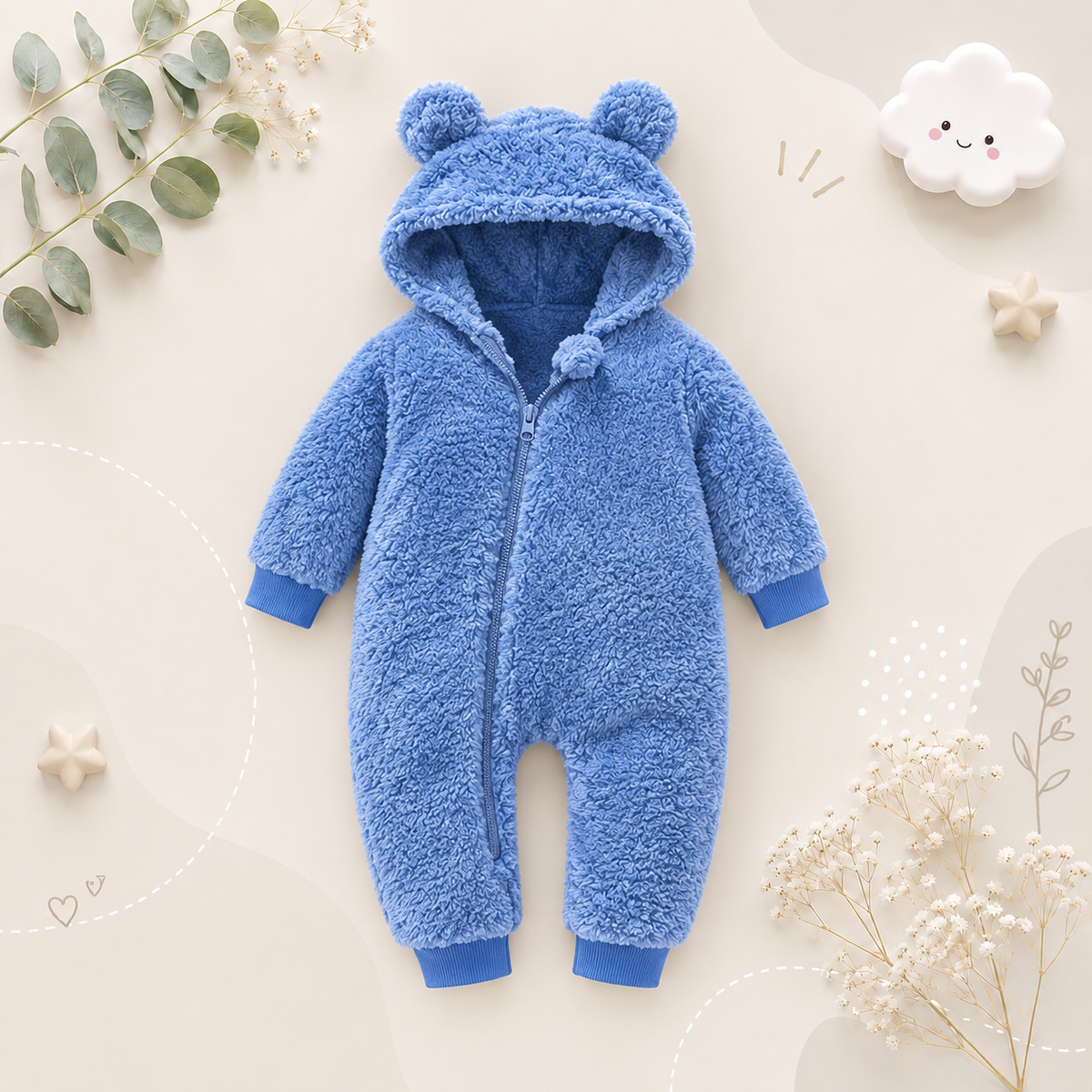 The Vin - Baby Unisex Blue Spring/Autumn Plush Romper – Hooded Warm Bear Jumpsuit for Infants & Toddlers