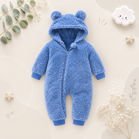 The Vin - Baby Unisex Blue Spring/Autumn Plush Romper – Hooded Warm Bear Jumpsuit for Infants & Toddlers