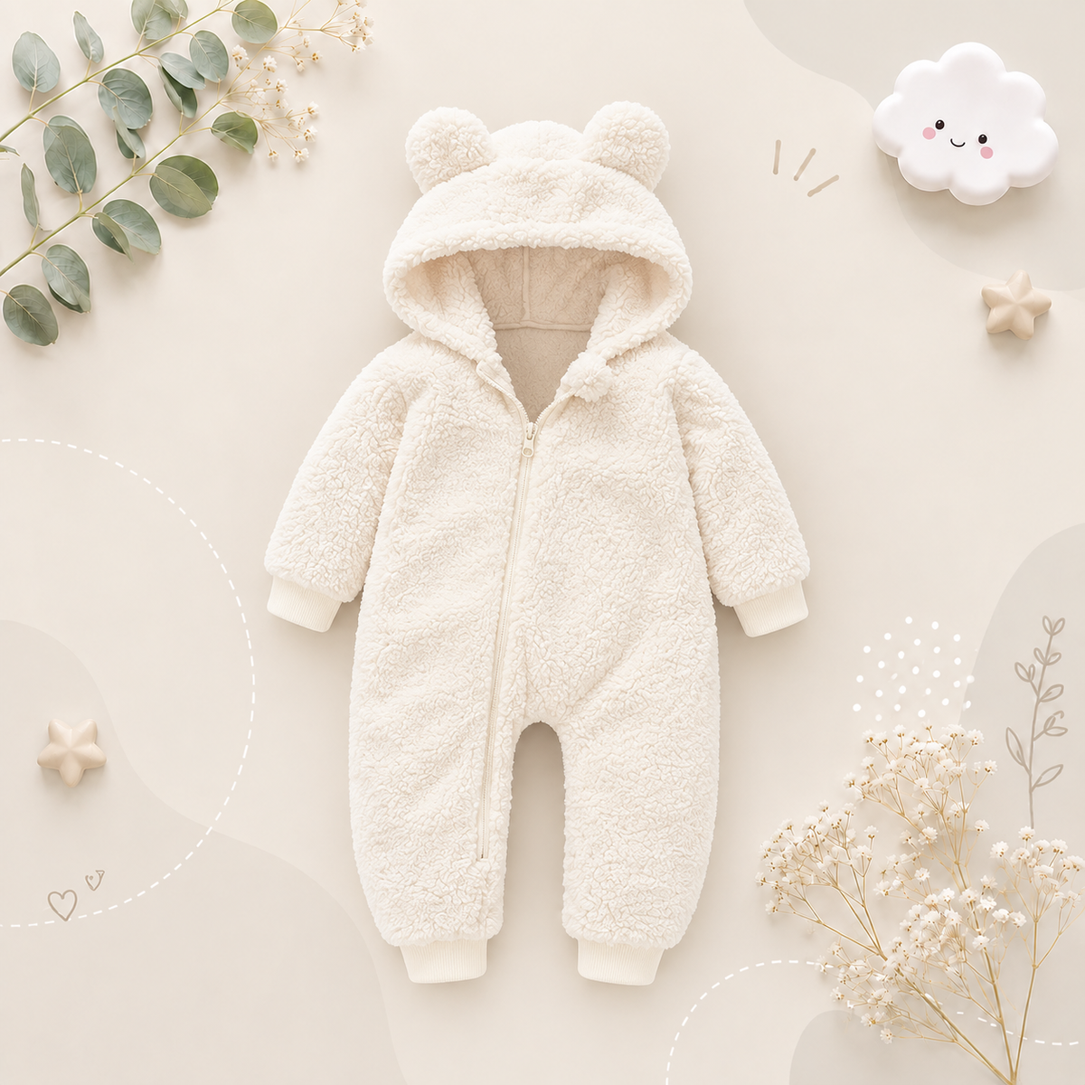 The Vin - Baby Unisex White Spring/Autumn Plush Romper – Hooded Warm Bear Jumpsuit for Infants & Toddlers