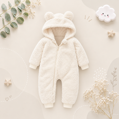The Vin - Baby Unisex White Spring/Autumn Plush Romper – Hooded Warm Bear Jumpsuit for Infants & Toddlers