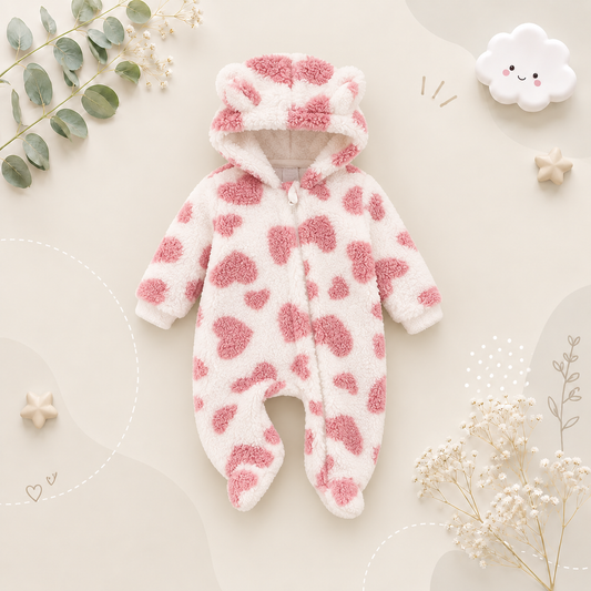The Tru - Baby Unisex Cute Pink Heart Plush Leopard‑Print Hooded Jumpsuit for Autumn & Winter