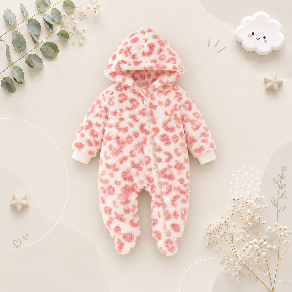 The Tru - Baby Unisex Cute Light Pink Plush Leopard‑Print Hooded Jumpsuit for Autumn & Winter