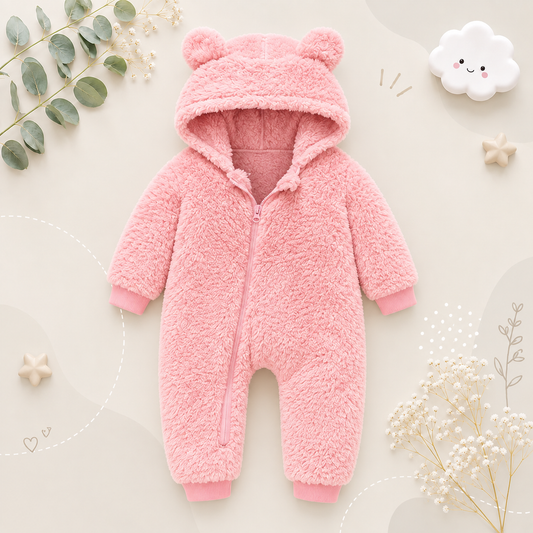 The Vin - Baby Unisex Light Pink Spring/Autumn Plush Romper – Hooded Warm Bear Jumpsuit for Infants & Toddlers