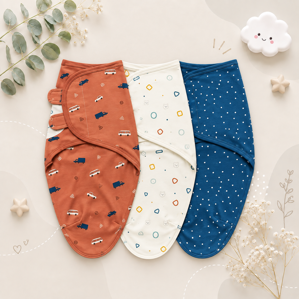 The Kolton - 3‑Pack Newborn Swaddle Blankets – 100% Cotton Adjustable Baby Wraps for Boys & Girls (0–6 Months)