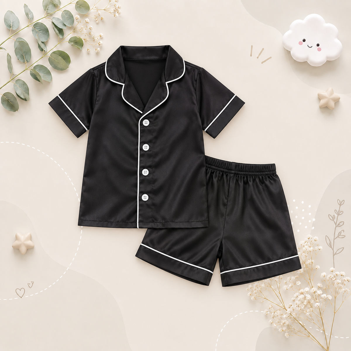 The Jeremy - Baby Boy Solid Black Ice Silk Satin Pajamas