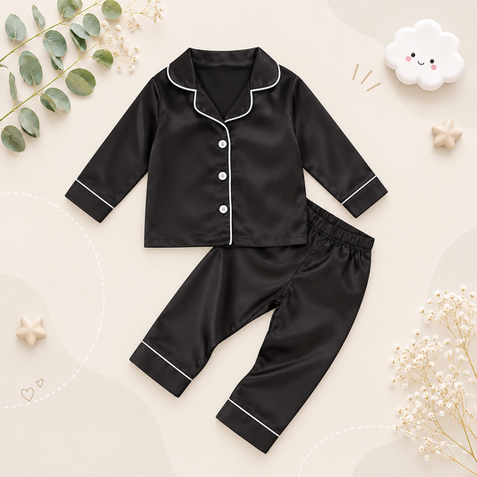 The Jeremy - Baby Boy Solid Black Ice Silk Satin Pajamas