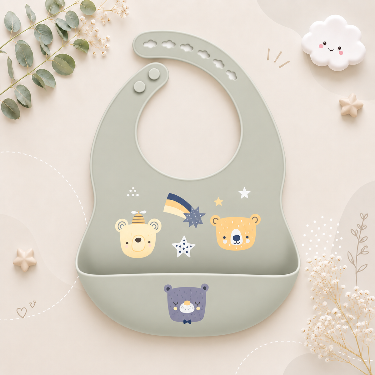 The Vesper - Baby Silicone Bib Waterproof Adjustable Cartoon Feeding Bib with Food Catcher 1PC