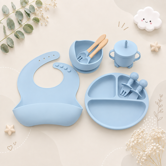 The Lux - Baby Silicone Feeding Set 8PCS Bib Plate Bowl Cup & Wooden Spoon Fork