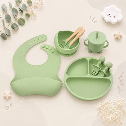 The Lux - Baby Silicone Feeding Set 8PCS Bib Plate Bowl Cup & Wooden Spoon Fork