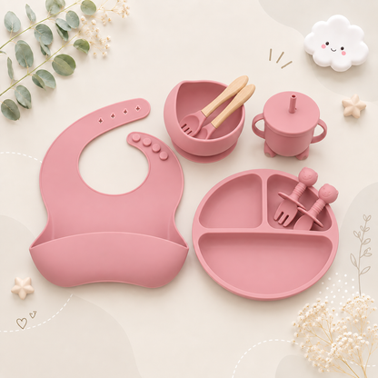 The Lux - Baby Silicone Feeding Set 8PCS Bib Plate Bowl Cup & Wooden Spoon Fork