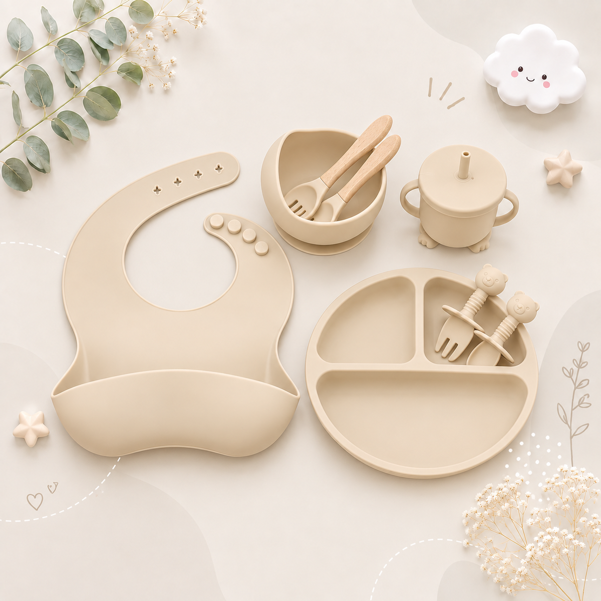 The Lux - Baby Silicone Feeding Set 8PCS Bib Plate Bowl Cup & Wooden Spoon Fork