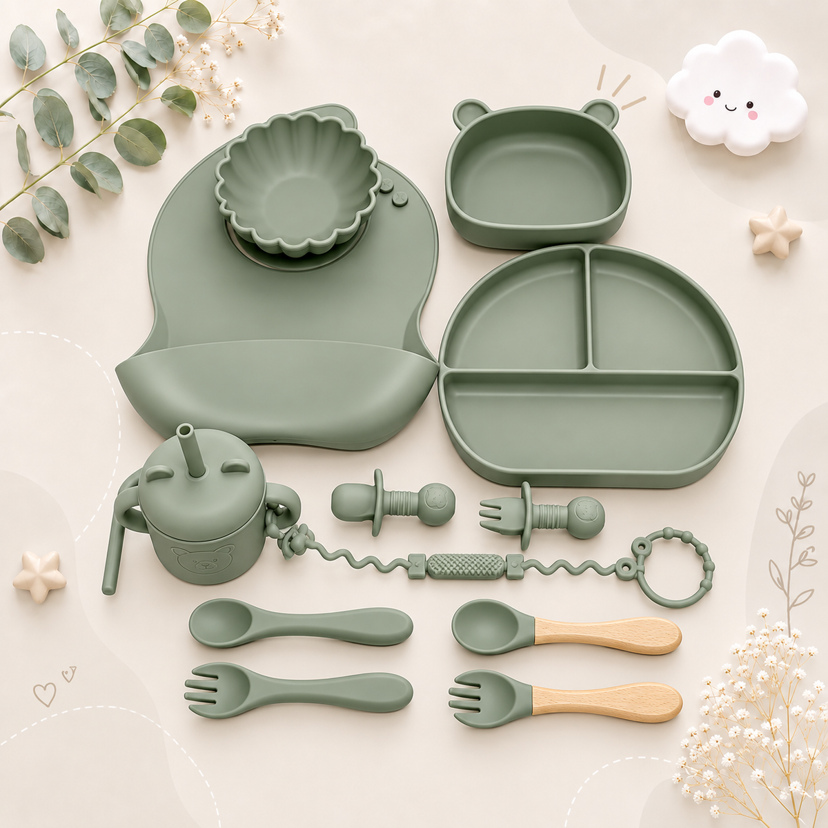 The Basil - Baby Silicone Feeding Set 13PCS Suction Bowl Plate Straw Cup & Utensils