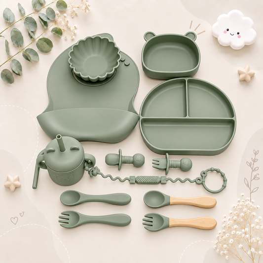 The Basil - Baby Silicone Feeding Set 13PCS Suction Bowl Plate Straw Cup & Utensils