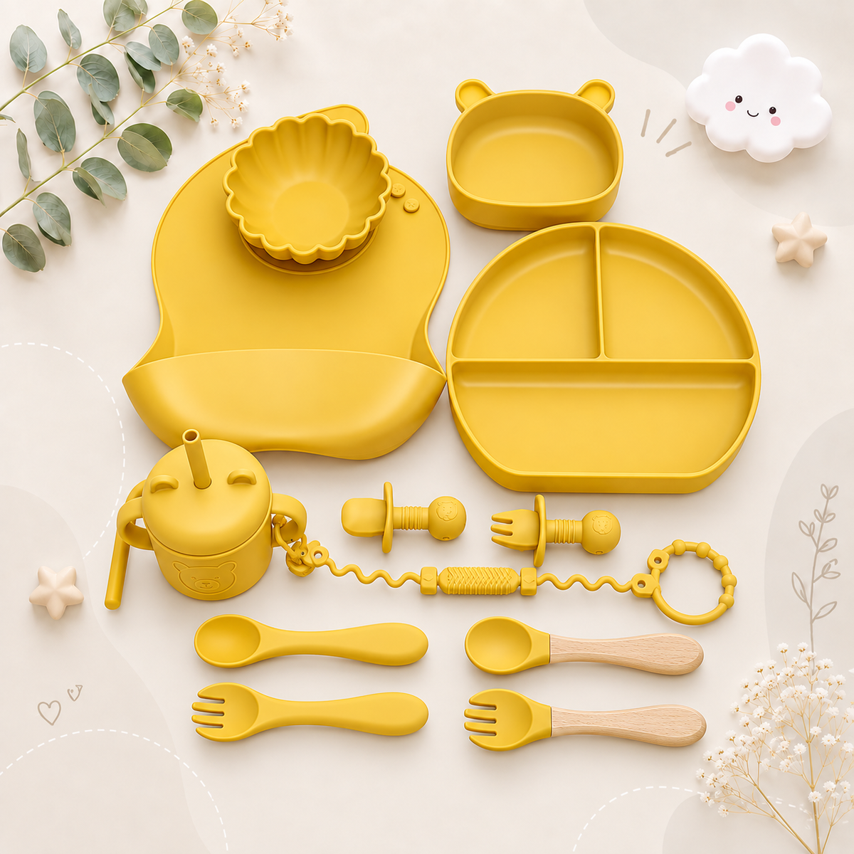 The Basil - Baby Silicone Feeding Set 13PCS Suction Bowl Plate Straw Cup & Utensils