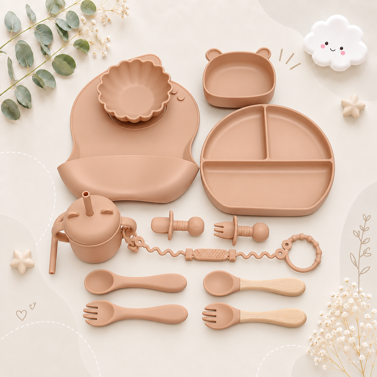 The Basil - Baby Silicone Feeding Set 13PCS Suction Bowl Plate Straw Cup & Utensils