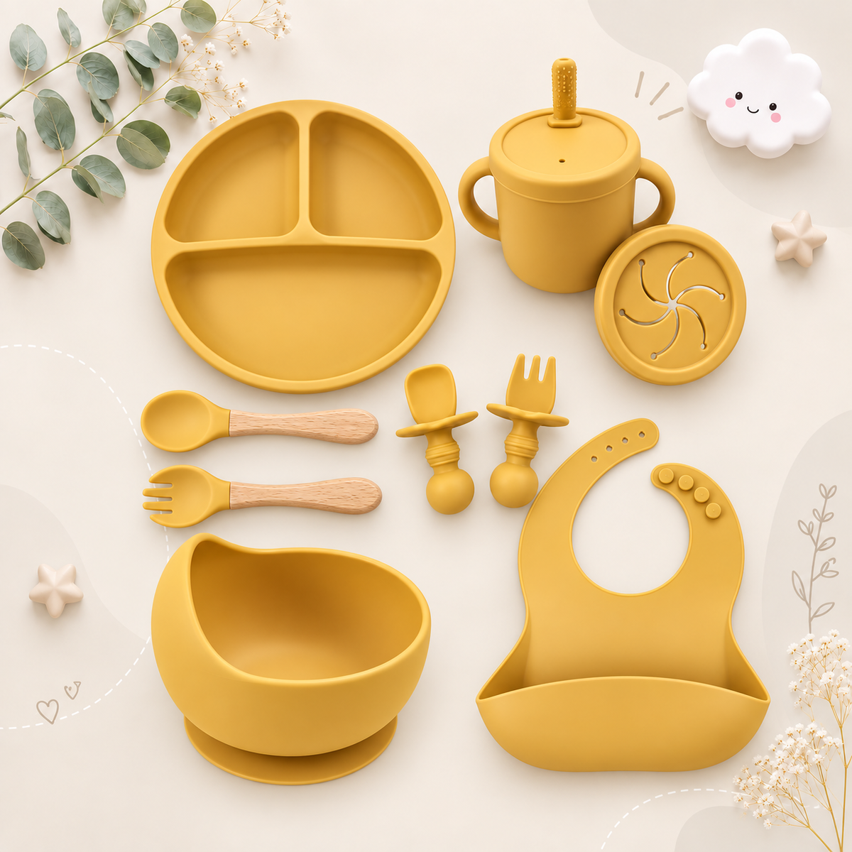 The Azriel - Baby Silicone 9 Pcs Feeding Set Suction Plate Bowl Cup & Wooden Spoon Fork