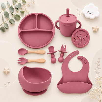The Azriel - Baby Silicone 9 Pcs Feeding Set Suction Plate Bowl Cup & Wooden Spoon Fork