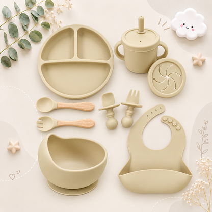 The Azriel - Baby Silicone 9 Pcs Feeding Set Suction Plate Bowl Cup & Wooden Spoon Fork