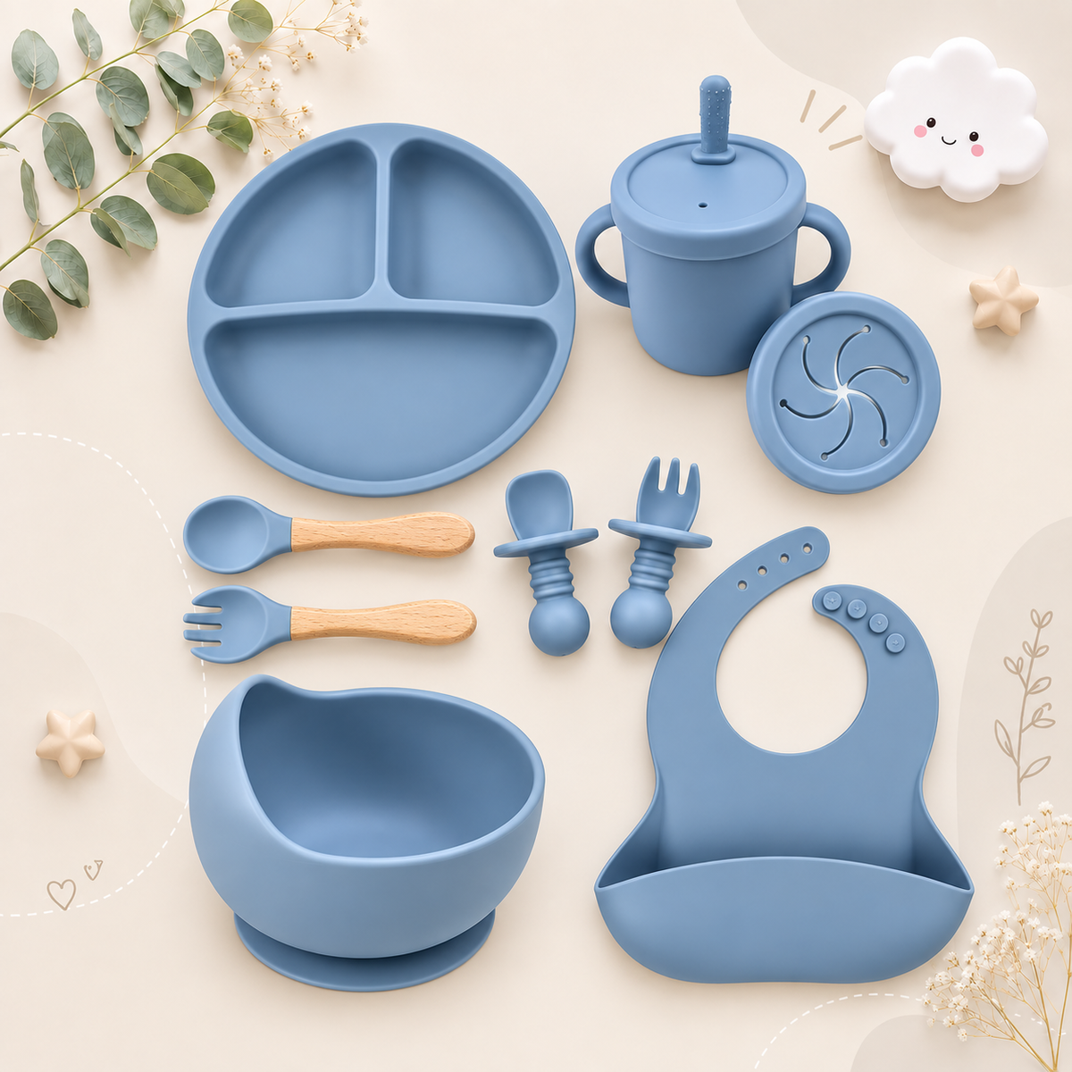 The Azriel - Baby Silicone 7Pcs Feeding Set Suction Plate Bowl Cup & Wooden Spoon Fork