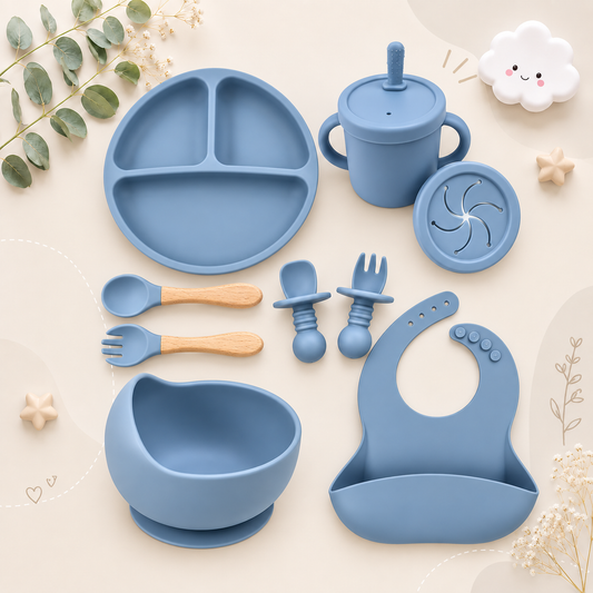The Azriel - Baby Silicone 7Pcs Feeding Set Suction Plate Bowl Cup & Wooden Spoon Fork