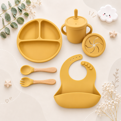 The Azriel - Baby Silicone 7Pcs Feeding Set Suction Plate Bowl Cup & Wooden Spoon Fork