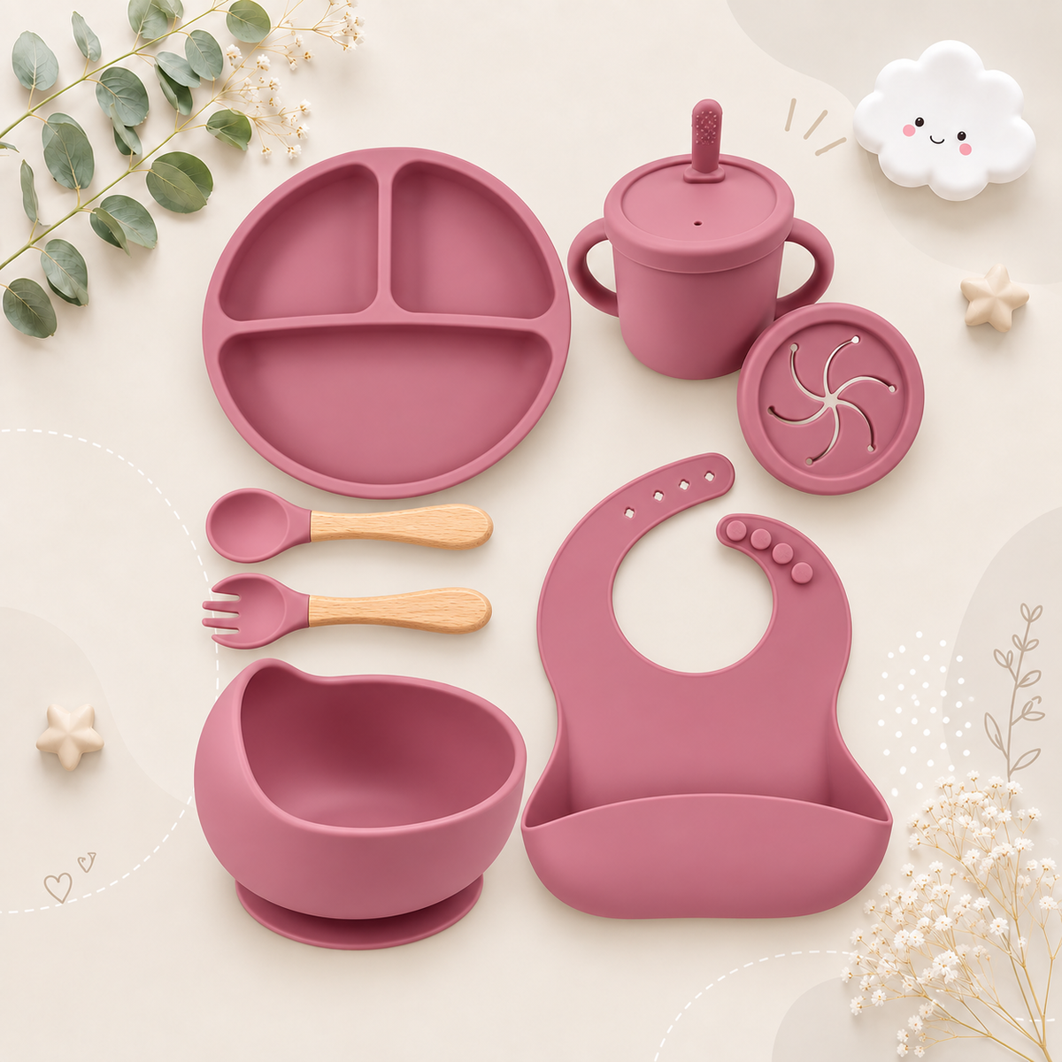 The Azriel - Baby Silicone 7Pcs Feeding Set Suction Plate Bowl Cup & Wooden Spoon Fork