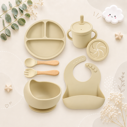 The Azriel - Baby Silicone 7Pcs Feeding Set Suction Plate Bowl Cup & Wooden Spoon Fork