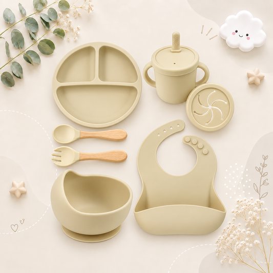 The Azriel - Baby Silicone 7Pcs Feeding Set Suction Plate Bowl Cup & Wooden Spoon Fork
