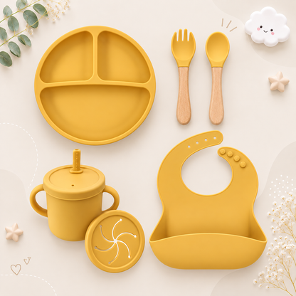 The Azriel - Baby Silicone 6Pcs Feeding Set Suction Plate Bowl Cup & Wooden Spoon Fork