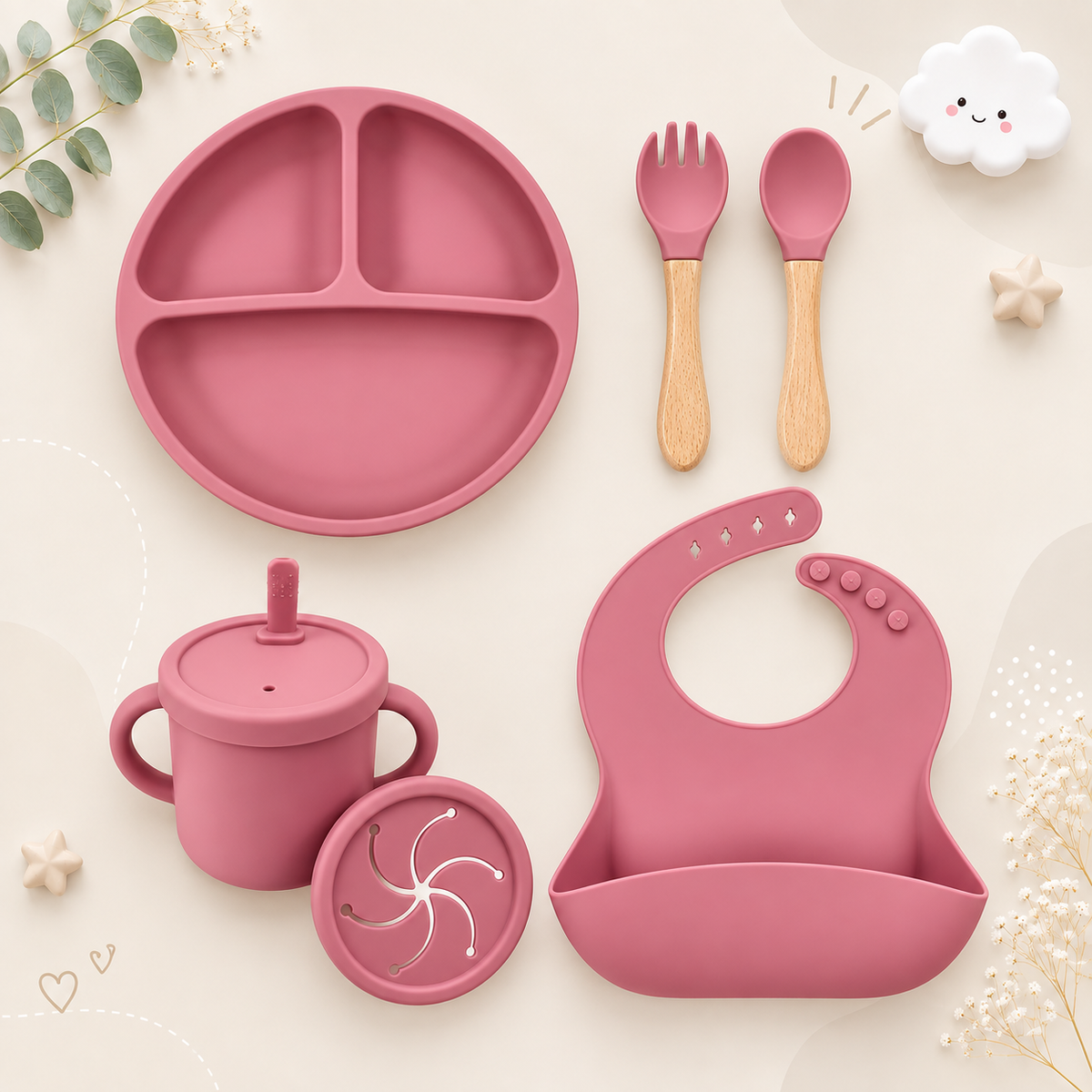 The Azriel - Baby Silicone 6Pcs Feeding Set Suction Plate Bowl Cup & Wooden Spoon Fork