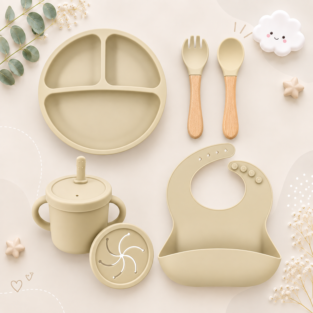 The Azriel - Baby Silicone 6Pcs Feeding Set Suction Plate Bowl Cup & Wooden Spoon Fork
