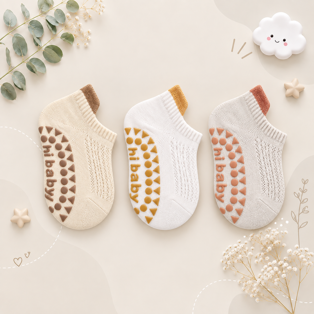 The Brooklynn - Baby Unisex 3 Pairs Cotton Thin Mesh Non-Slip Floor Socks