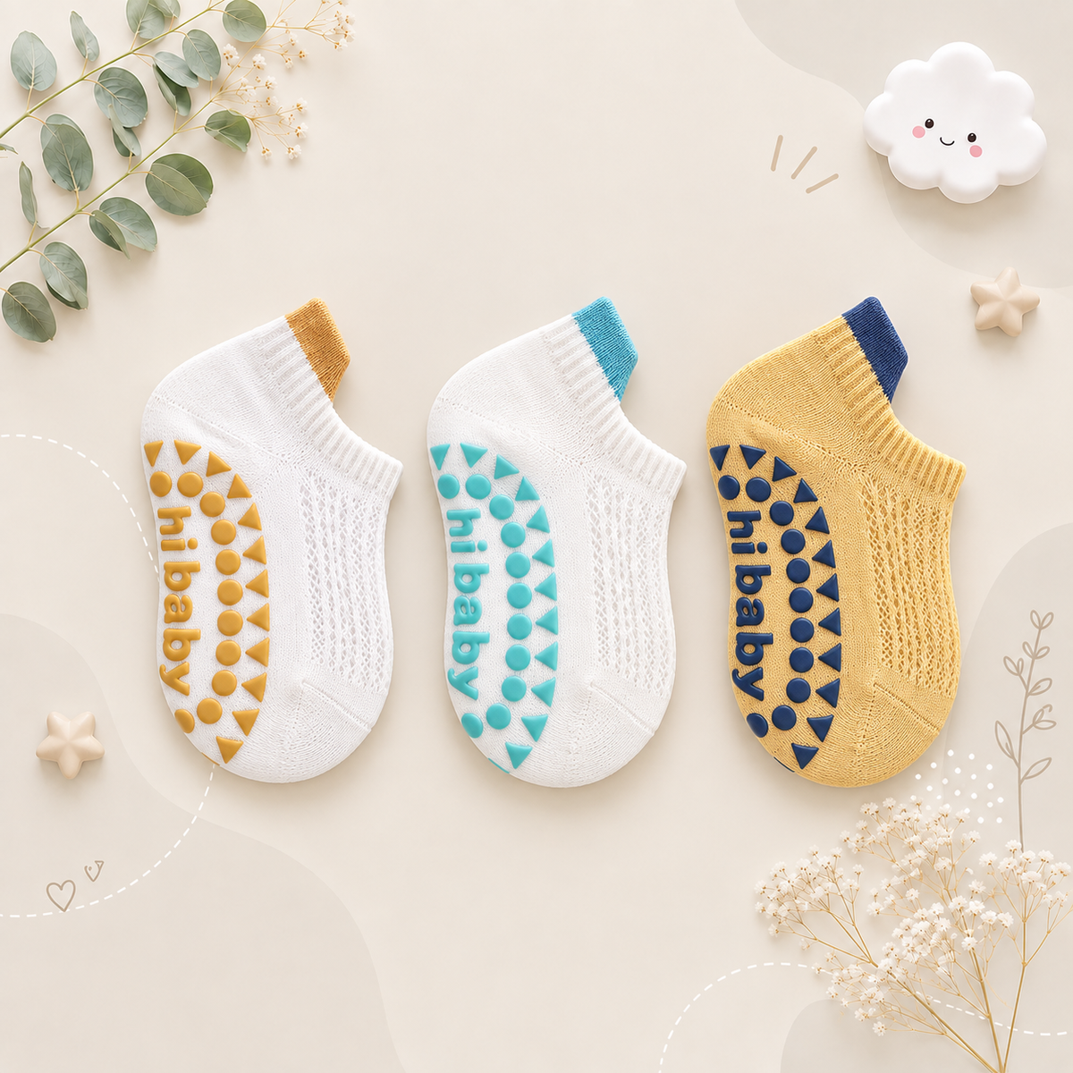 The Brooklynn - Baby Unisex 3 Pairs Cotton Thin Mesh Non-Slip Floor Socks