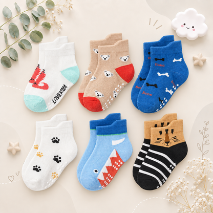 The Saige - Baby Unisex 6 Pairs Cartoon Animal Pattern Cotton Non-Slip Floor Socks